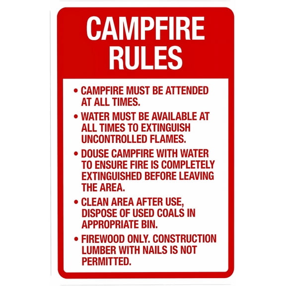 Campfire Rules Sign 8"x12" - Attended Fire & Water Required Warning, Home Business Street Wall Safety Caution Custom Decor, Outdoor Fire Rules