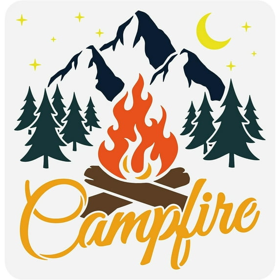 Campfire Stencil for Painting 11.8x11.8 inch Hollow Out Mountain Forest Trees Craft Stencil Reusable Plastic Firewood Flame Stencil for T-Shirts Canvas Bag DIY Art Crafts Decor DIY