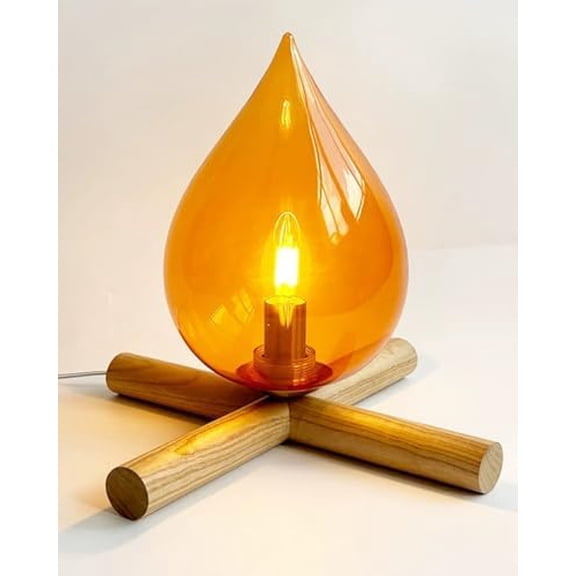 Campfire Table Lamp, Funky Lamps Cute Orange Glass Shade with Wooden Base, Unique Novelty Retro Cozy Night Light for Bedroom, Living Room, Or Cabin Decor Warm Ambient Vintage Lighting
