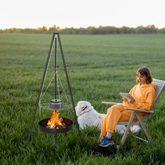 Campfire Tripod Grill, Adjustable Height BBQ Grill Grate with Fire Bowl for Outdoor Camping BBQ, Black