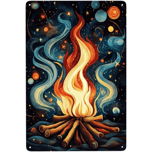 Campfire in Starry Sky Metal Tin Sign, Abstract Flame Wall Art Aluminum Poster, Indoor or Outdoor Hanging Decor, 8 x 12 Inch