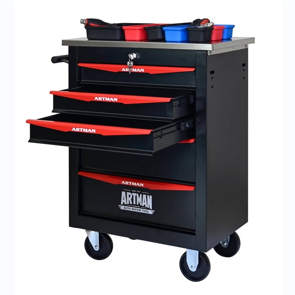 NIGSQJB 5 Drawers Tool Cart on Wheels, 30.7"H Lockable Rolling Tool Chest with Stainless Steel Roof,7 Small Tool Boxes,Multiple Interconnectable Cabinet for Warehouse, DIY, Repair Shop, Black+Red