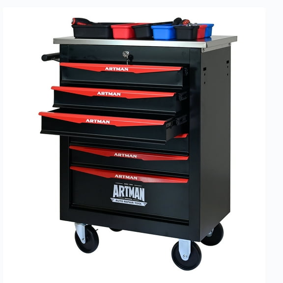 NIGSQJB 6 Drawers Tool Cart on Wheels, 30.7"H Lockable Rolling Tool Chest with Stainless Steel Roof,7 Small Tool Boxes,Multiple Interconnectable Cabinet for Warehouse, DIY, Repair Shop, Black+Red