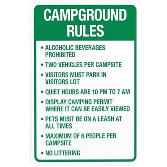 Campground Rules In Green Warning Sign, Rules Metal Signs for Outdoor Indoor Road Yard Garage Home Business Street Wall Caution Custom Decor 8 x 12 Inch