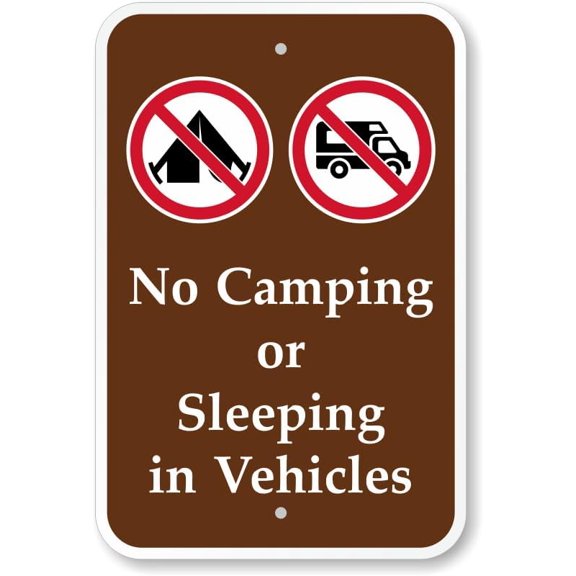 Campground Sign: No Camping or Sleeping in Vehicles with Graphics Man Cave Garage Shop Bar Restaurant Home Decor Metal Sign, 12" x 8"