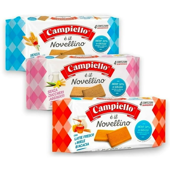 Campiello Novellino Variety Pack Ideal for Tea Time- 3 Flavors of Italian Biscuits with No Milk & Eggs, No Added Sugar, Fresh Milk & Acacia Honey- Enjoy Sugar-Free Cookies