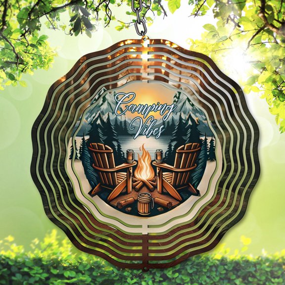Camping 10 Inch Metal Double-Sided Rotating Wind Spinner - Happy Camper Outdoor Garden Decor, Funny or Scenic Design, Metal Double Sided, No Battery, Easy Hang.