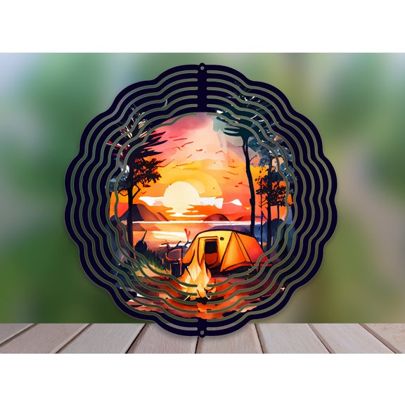Camping 10 Inch Metal Double-Sided Rotating Wind Spinner - Happy Camper Outdoor Garden Decor, Funny or Scenic Design, Metal Double Sided, No Battery, Easy Hang.