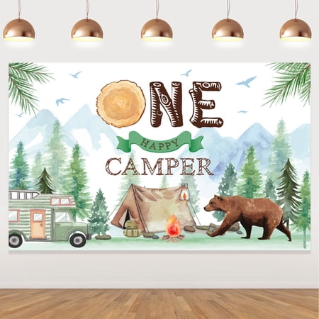 Camping 1st Birthday Backdrop, Forest Camping Birthday Backdrops Boy's Adventure 1st Happy Camper Birthday Party Decoration Supplies, Camping Birthday Baby Shower Backdrop Party Photoshoot Background
