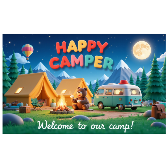 Camping Adventure Happy Camper Banner Bear Cartoon Lightweight Polyester for Kids Party Outdoor Fun Gathering