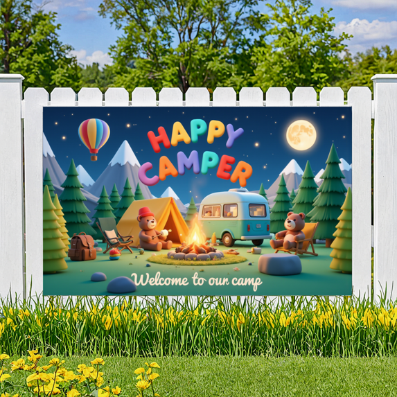 Camping Adventure Happy Camper Banner Bear Cartoon Lightweight Polyester for Kids Party Outdoor Fun Gathering