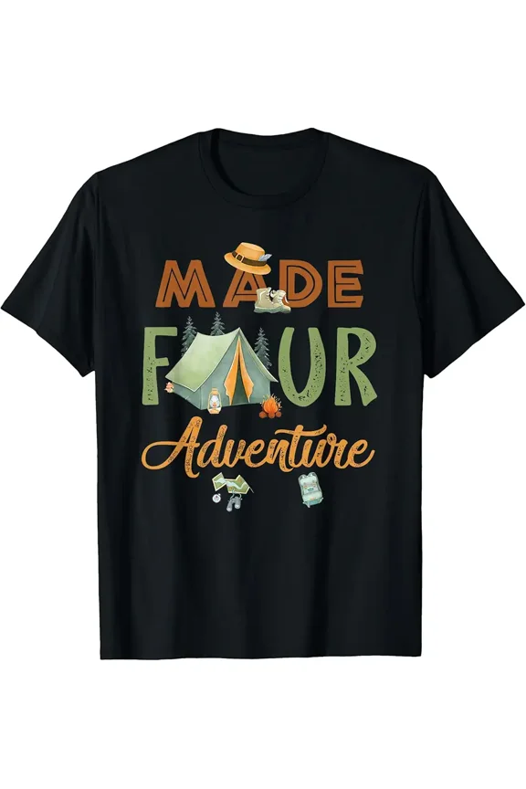 Camping Adventure Theme 4th Birthday Unisex Cotton Short Sleeve Novelty Tee