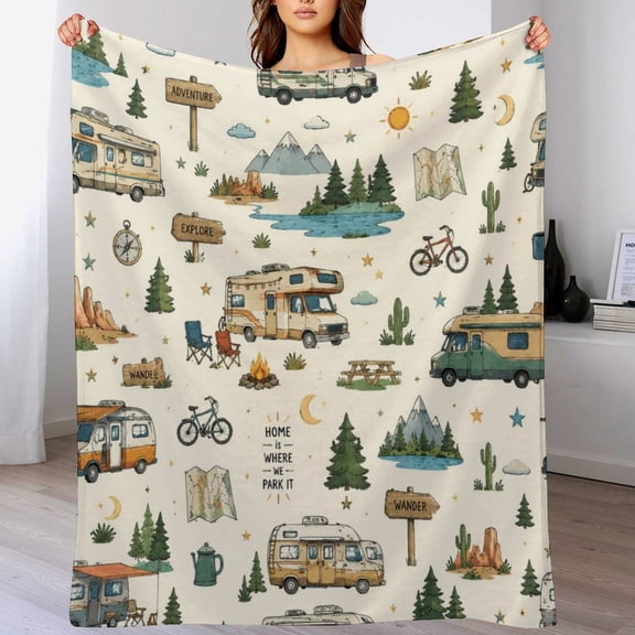 Camping Adventure Throw Blanket Lightweight Soft Flannel Suitable for All Seasons for Couch Bed Picnic Outdoor Camping Wanderlust Gift for RV Lovers