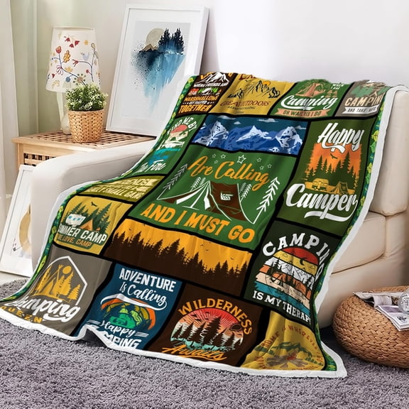 Camping Adventure Throw Blanket, Retro Outdoor Tent Mountain Graphic Flannel Blankets for Campers, Soft Cozy Fleece Blanket for Couch Bed Patio Outdoor Camping 50X60 Inch