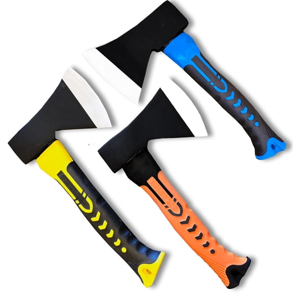Camping Axe Set of 3, 10 Inch with Carbon Steel Head, Yellow, Orange, and Blue Handle, High Carbon Steel and Rubber Grip