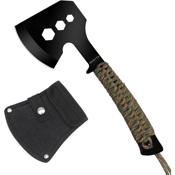 Camping Axe Small Hatchet - 10" Full Tang Stainless Steel Blade with 3 Hex Wrenches Rope Handle, for Outdoor Hiking, Garden, Black
