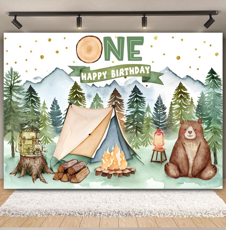 Aperturee Forest Bear Camping 1St Birthday Pillow Case Backdrop
