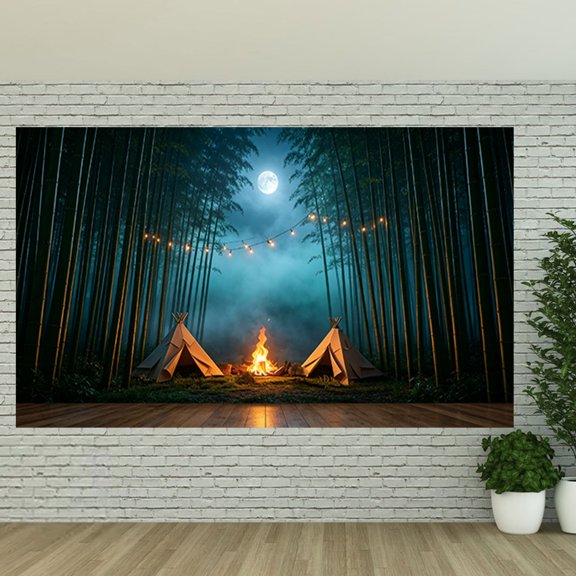 Camping Backdrop Glitter Moon Bamboo Tent Camping Party Banner Night Adventure Theme Photo Booth Decorations Background