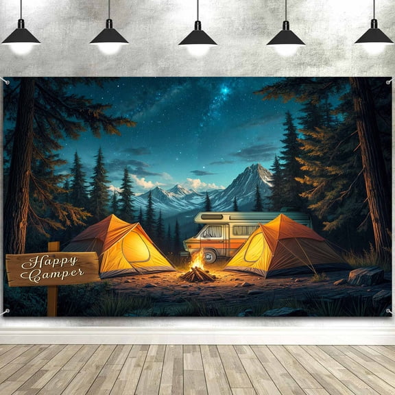 Camping Backdrop,Happy Camper Birthday Decorations,Camping Birthday Party Banner Decorations,Forest Scene Background,Campfire RV Backdrop Decoration for Camping Theme-5x3FT