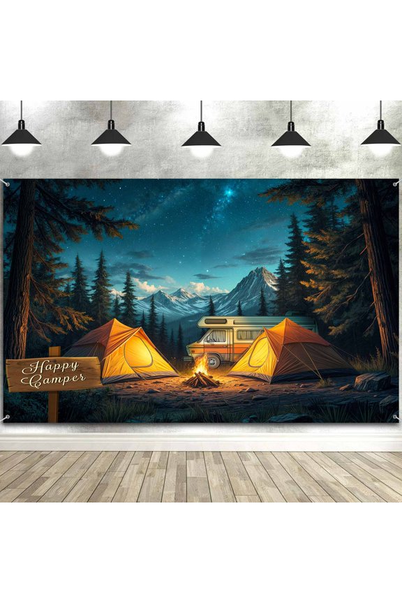 Camping Backdrop,Happy Camper Birthday Decorations,Camping Birthday Party Banner Decorations,Forest Scene Background,Campfire RV Backdrop Decoration for Camping Theme-5x3FT