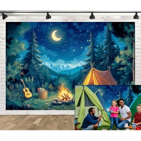Camping Backdrop, RV Theme Adventure Camper Party Photo Backdrop, Forest Night Scenery Campfire Tent Photography Background for Baby Shower Birthday Party Banner Studio Props Decor,7X5ft