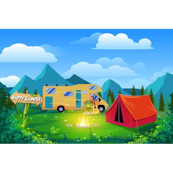 Camping Backdrop Sunset Blue Sky Clouds Mountain Forest Lawn Outdoor Campfire Camper Photography Background Tent Car Camper School Family Camping Themed Birthday Party Decorations