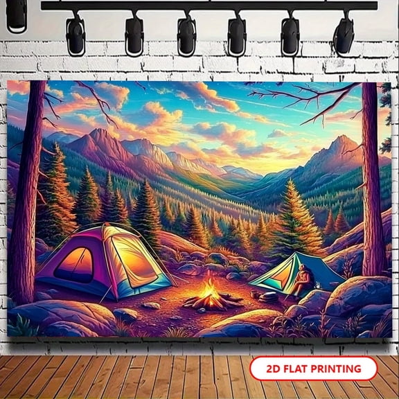 Camping Backdrop Sunset Mountain Forest Camping Photography Background Colorful Tents Campfire Camper Camping Party Decorations Banner Supplies Photo Booth Props