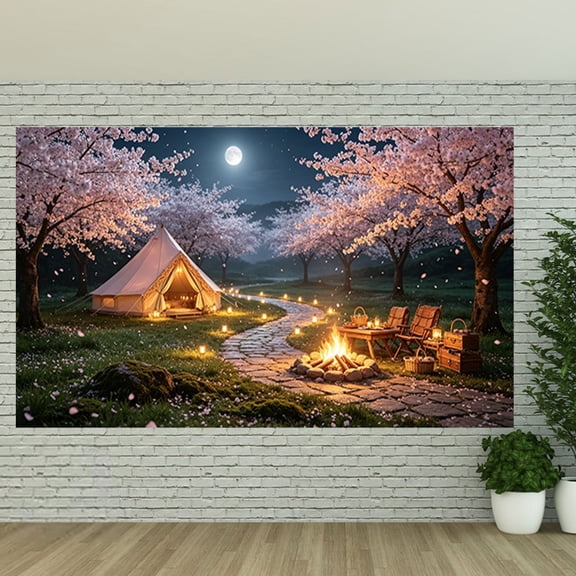 Camping Backdrop for Photography Cherry Blossom Night Moon Floral Tent Party Banner Adventure Theme Photo Booth Decorations Background