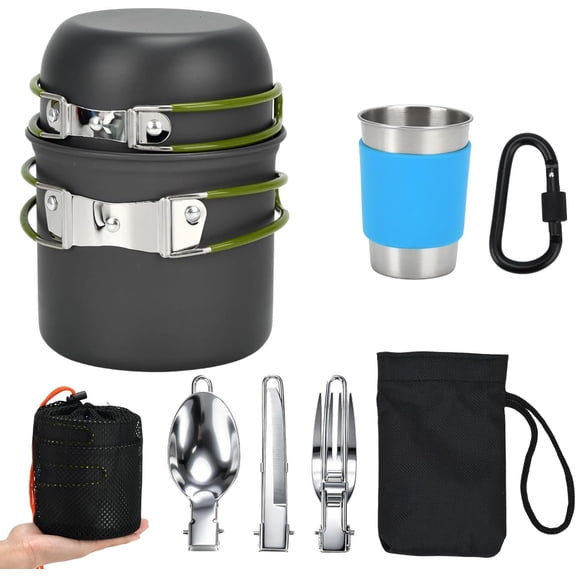 Camping Backpacking Cooking Set, 8 count Camping Mess Kit Cookware Pot and 170ML Stainless Steel Cup & Fork Spoon Backpacking Cookware Set for Camping Hiking Picnic Outdoor Cooking