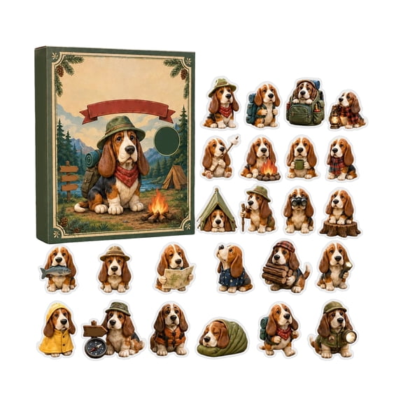 Camping Basset Hound Advent Calendar, Seasonal Countdown Set with 2D Acrylic Ornaments for Holiday Decor and Seasonal Gifting