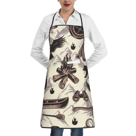 Camping Bear Compass Eagle Vintage Apron with Pocket Cooking Waterproof Bib Aprons for Kitchen Baking Chef Gardening BBQ