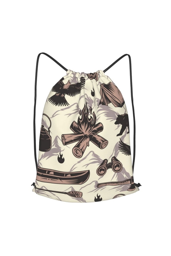 Camping Bear Compass Eagle Vintage Drawstring Backpack Gym String Bag Sports Sackpack Cinch Sack, Small