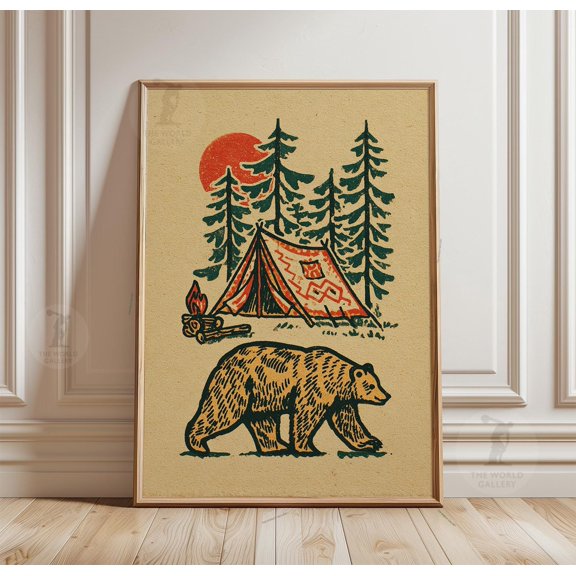 Camping Bear Poster Forest Wall Art Rustic Outdoor Nature Illustration Print