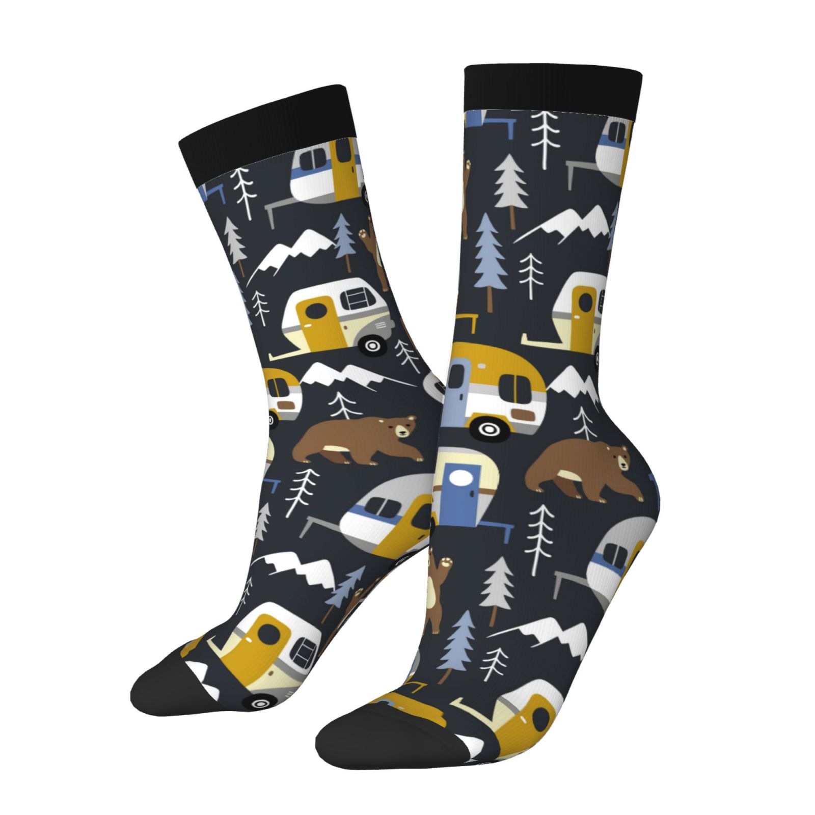 Camping Bear Print Casual Socks for Women, Polyester Dressing Socks