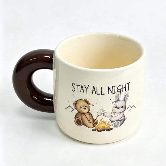 Camping Bear Rabbit Ceramic Coffee Mug, Chunky Dark Brown Handle, Stay All Night Letter Print Porcelain Cup