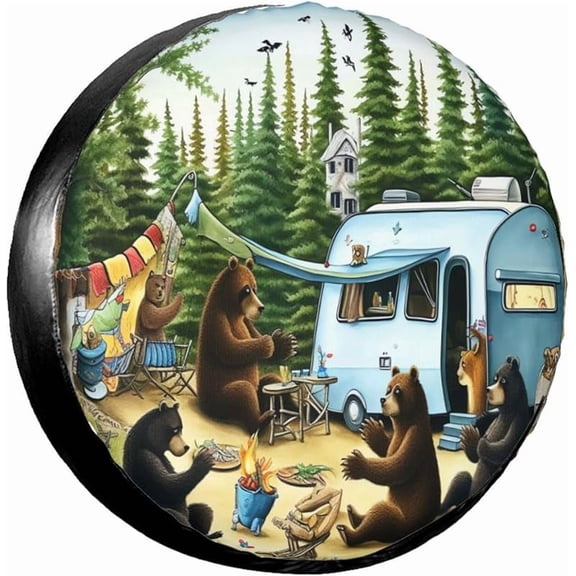 Camping Bears Spare Tire Cover for Rv SUV,Funny Waterproof Wheel Protectors Cover Universal Fit for Camper Trailer Truck Accessories Travel