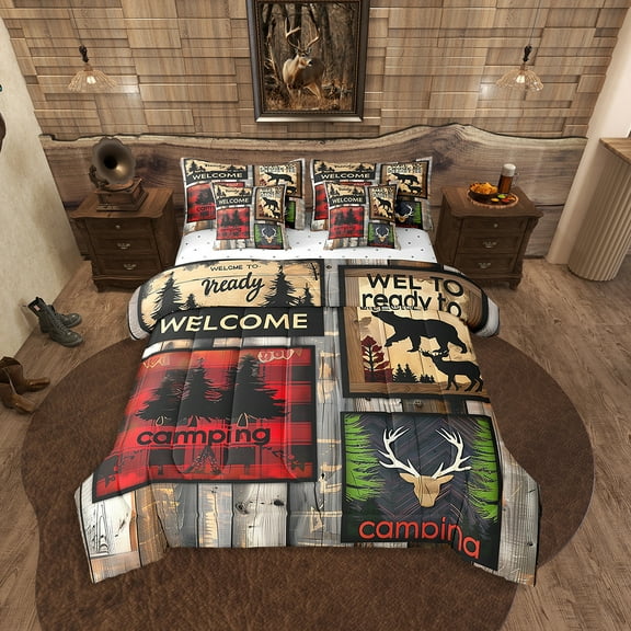 Camping Bed in a Bag King Size Comforter Set 7 Pieces,Retro Lodge Cabin Sheet Set with Comforter,Woodland Elk Deer Bear Bedding Sets,Retro Barn Door Farmhouse Bed Set Country Cottage Camper Decor