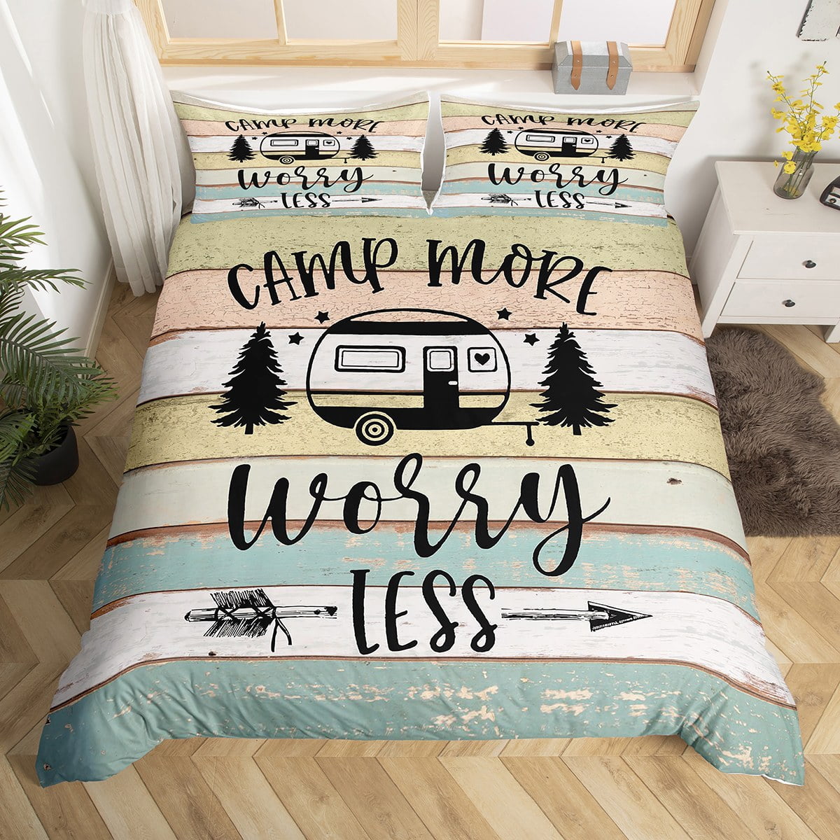 Camping Bedding Set Full,Camper Themed Duvet Cover Camper Decor,RV