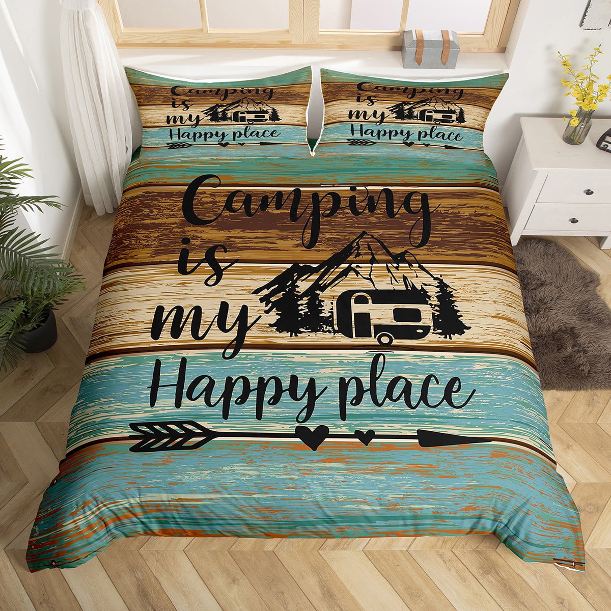 Camping Bedding Set Full,Camper Themed Duvet Cover Camper Decor,RV
