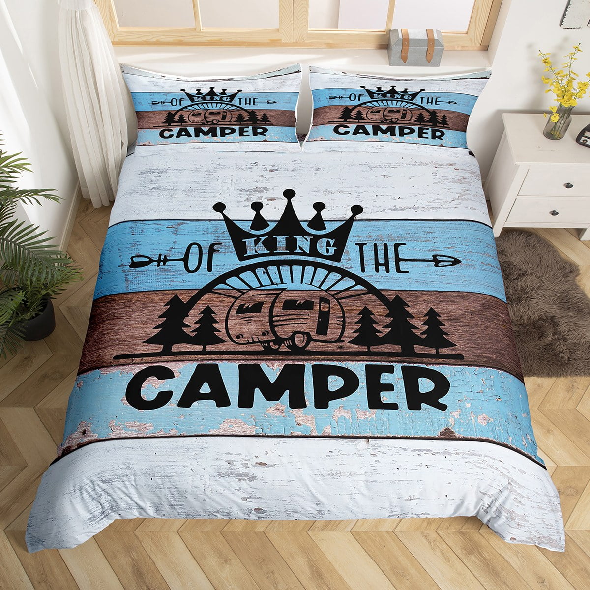 Camping Bedding Set Full,Camper Themed Duvet Cover Camper Decor,RV