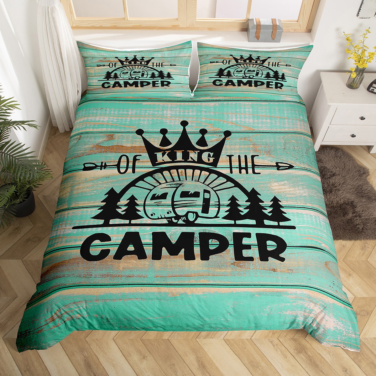 Camping Bedding Set Full,Camper Themed Duvet Cover Camper Decor,RV