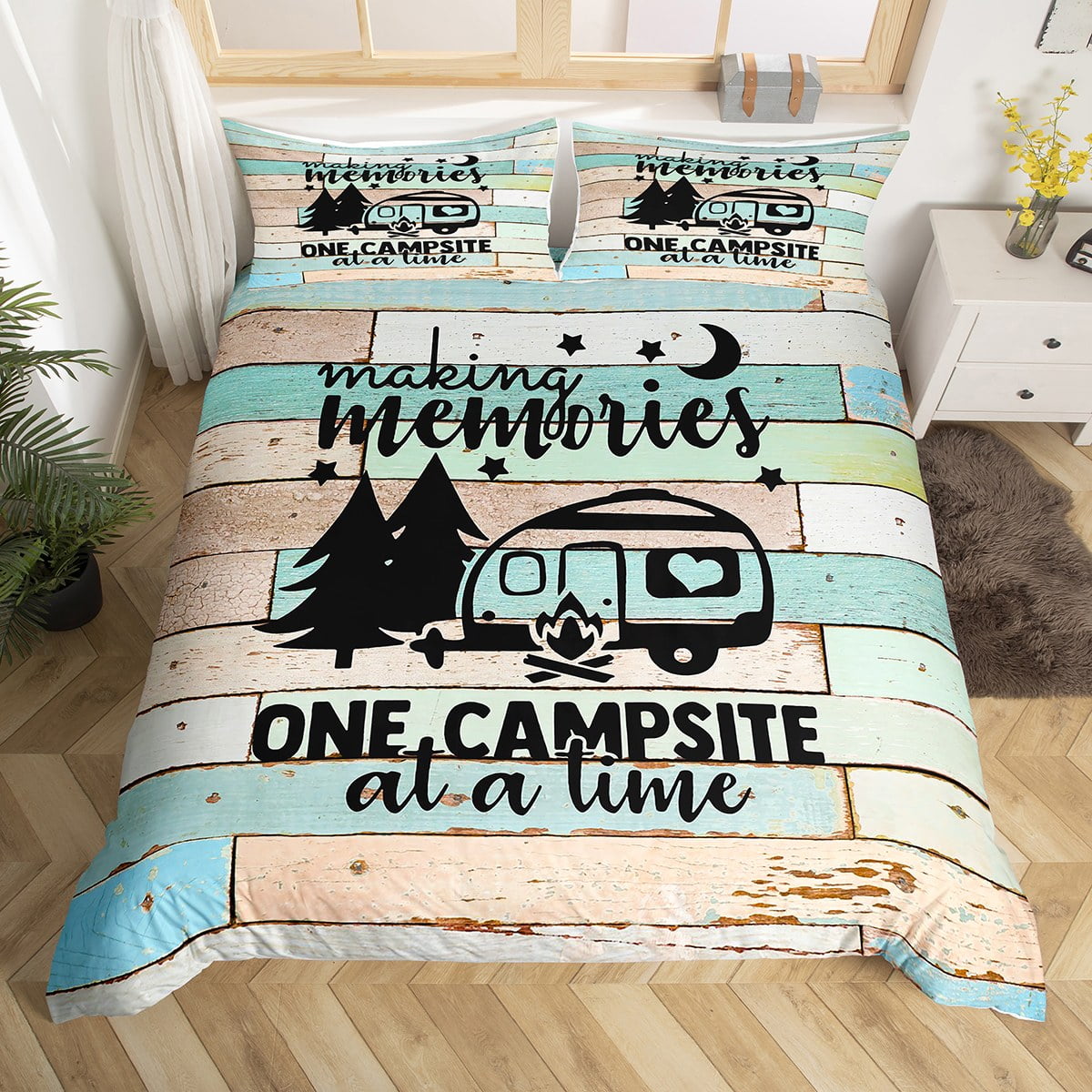 Camping Bedding Set Full,Camper Themed Duvet Cover Camper Decor,RV