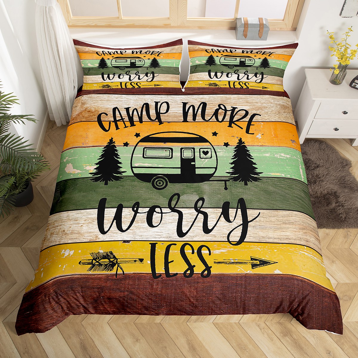 Camping Bedding Set Full,Camper Themed Duvet Cover Camper Decor,RV