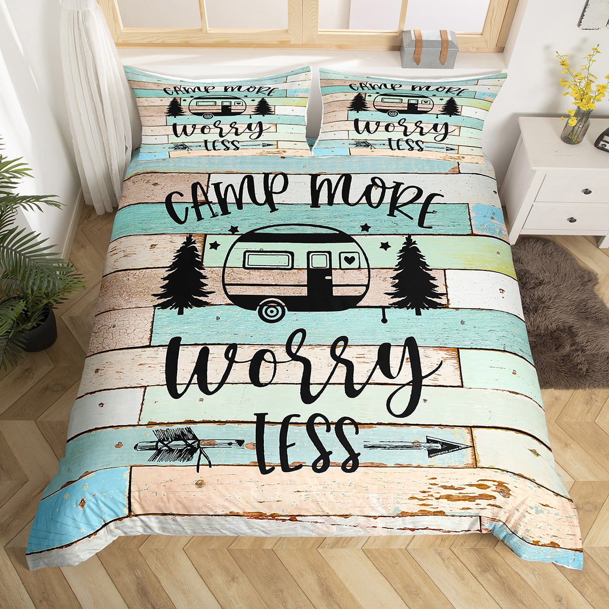 Camping Bedding Set Full,Camper Themed Duvet Cover Camper Decor,RV