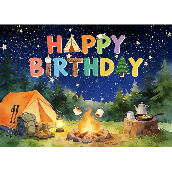 Camping Birthday Backdrop Camping Bonfire Forest S'Mores Happy Birthday Background Adventure Travel Themed Birthday Party Decorations Banner Photo Shoot Props