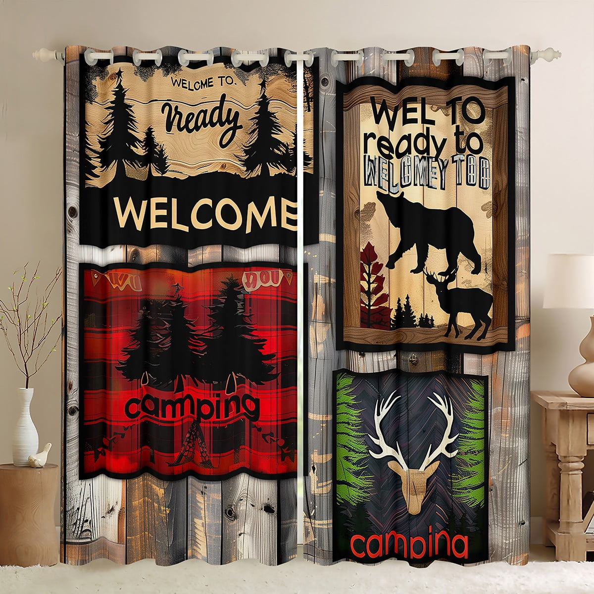 Camping 30%-50% Blackout Curtains Retro Lodge Cabin Curtains,Woodland ...