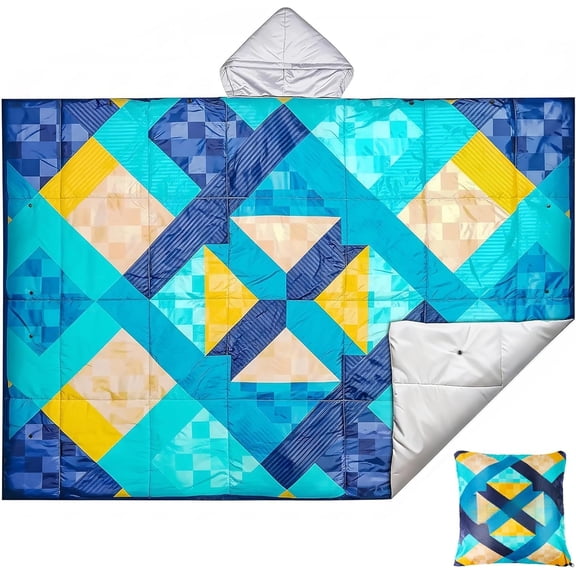 Camping Blanket, 2-in-1 Wearable Puffy Camping Blanket with Hood & Snap Buttons Lightweight Travel Blanket Converts to Pillow for Backpacking, Beach, Picnics, Stadium(Kaleidoscope)