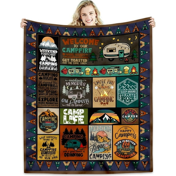Camping Blanket Camping Lovers Gift Ideas for Men or Woman, Super Soft Throws Flannel Fleece Blankets Gifts for Camper Outdoor, Campsite Outdoors RV Travel Hiking Bed Sofa Couch 60"x50"