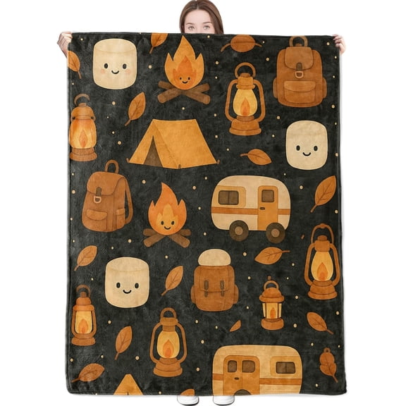 Camping Blanket Cute Cartoon Campfire Tent Marshmallow Lantern and Camper Pattern Throw Blankets Lightweight Flannel Throws for Couch Chair Office Bed Home Decor Gifts for Adults,50x40inch