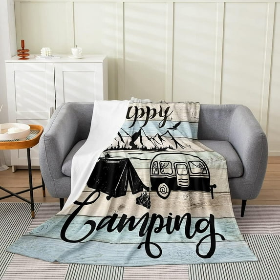Camping Blanket for Kids Teens Adult,Happy Camping Throw Blanket,Rustic Farmhouse Fleece Blanket,Vintage Wooden RV Flannel Blanket Farmhouse Living Room Decor,Baby 30x40